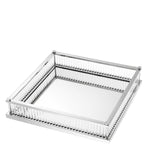 Eichholtz Tray Cora square mirror glass bottom and clear glas rods has a shiny nickel finish. A stylish serving
