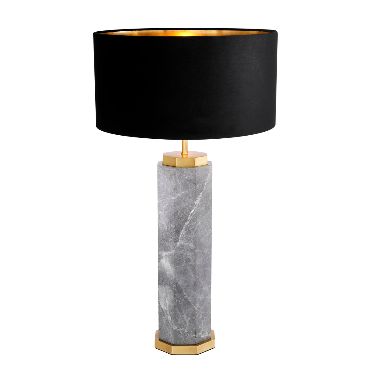 Table lamp with black shade and marble base on a white background