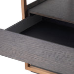 Eichholtz Side Table Parker mocha straight oak veneer With a metallic frame in a brushed brass finish and a top, body and lower shelf of mocha straight oa