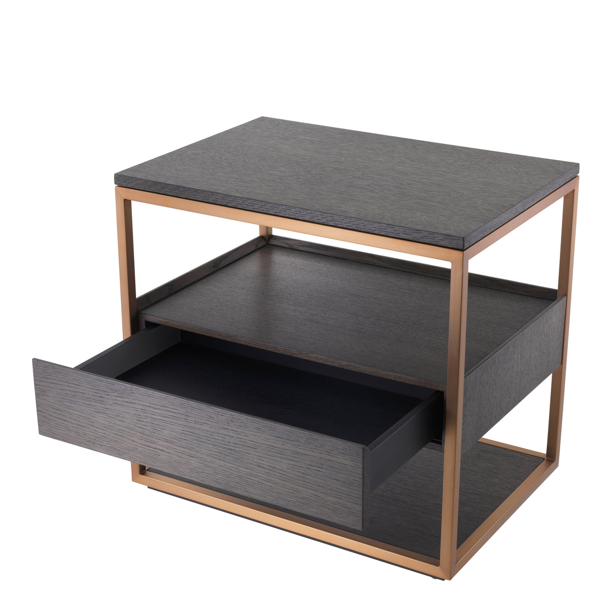 Eichholtz Side Table Parker mocha straight oak veneer With a metallic frame in a brushed brass finish and a top, body and lower shelf of mocha straight oa