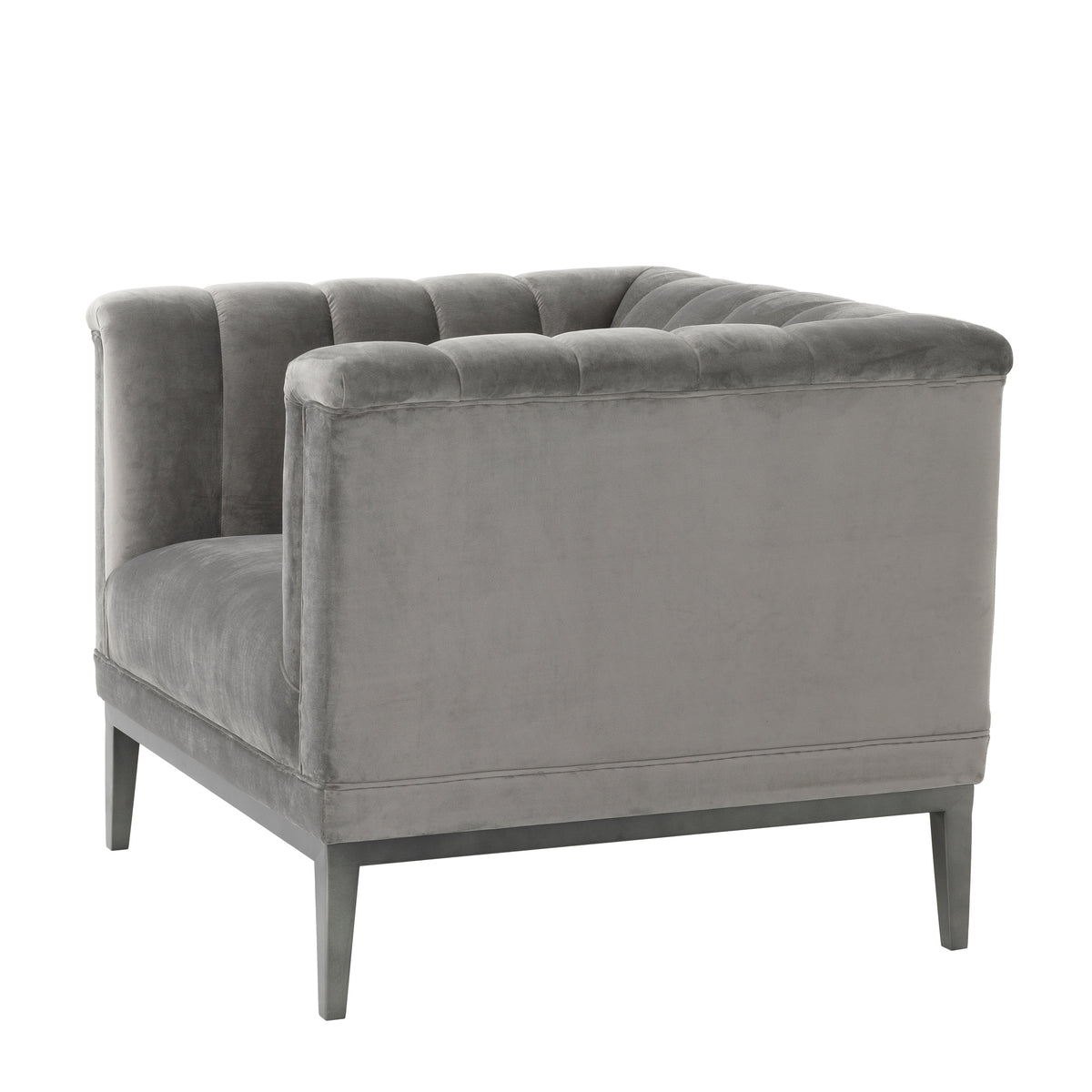 Eichholtz Chair Raffles roche porpoise grey velvet The Mid-Century Modern Raffles Chair rests upon a powder-coated steel base with gunmetal finish and
