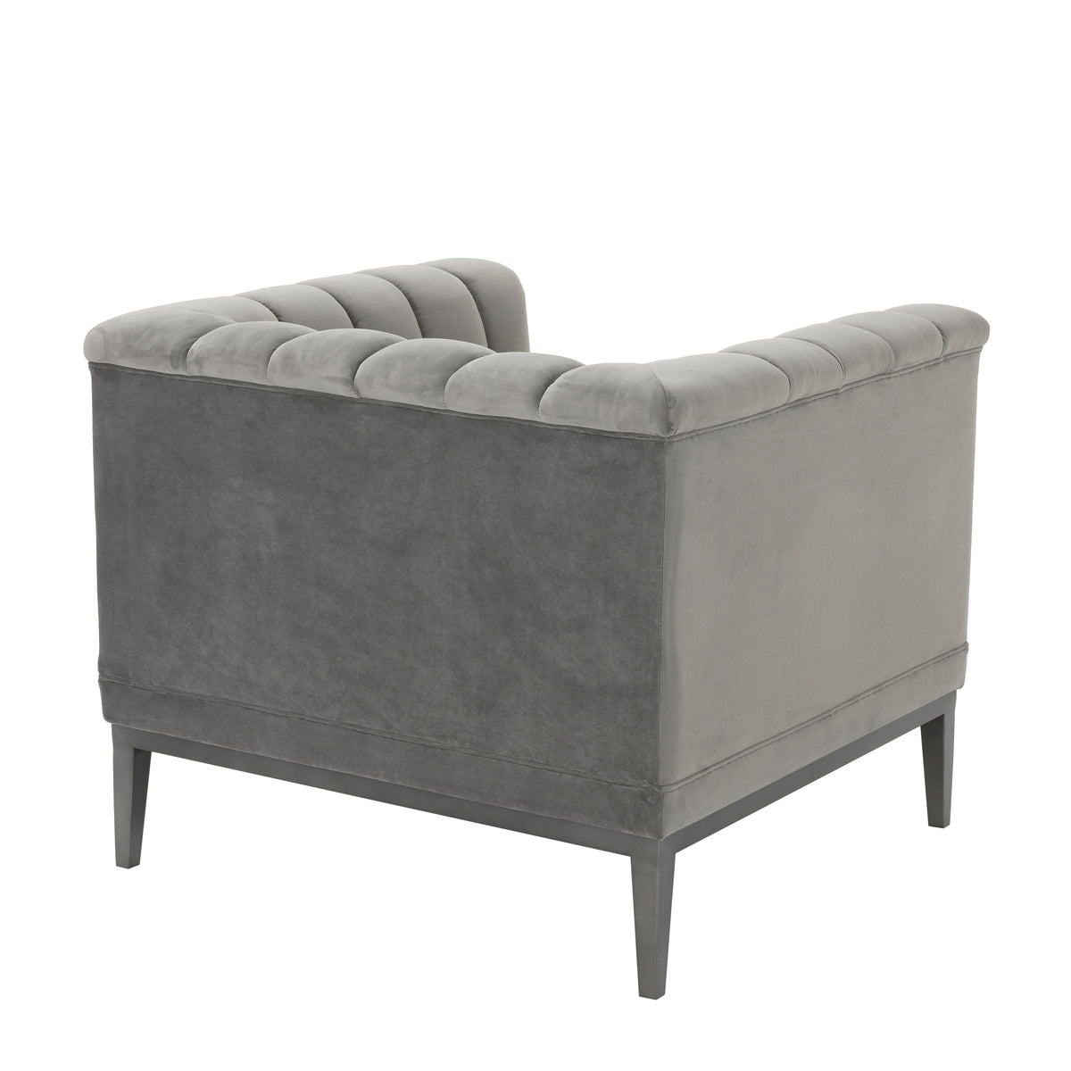 Eichholtz Chair Raffles roche porpoise grey velvet The Mid-Century Modern Raffles Chair rests upon a powder-coated steel base with gunmetal finish and