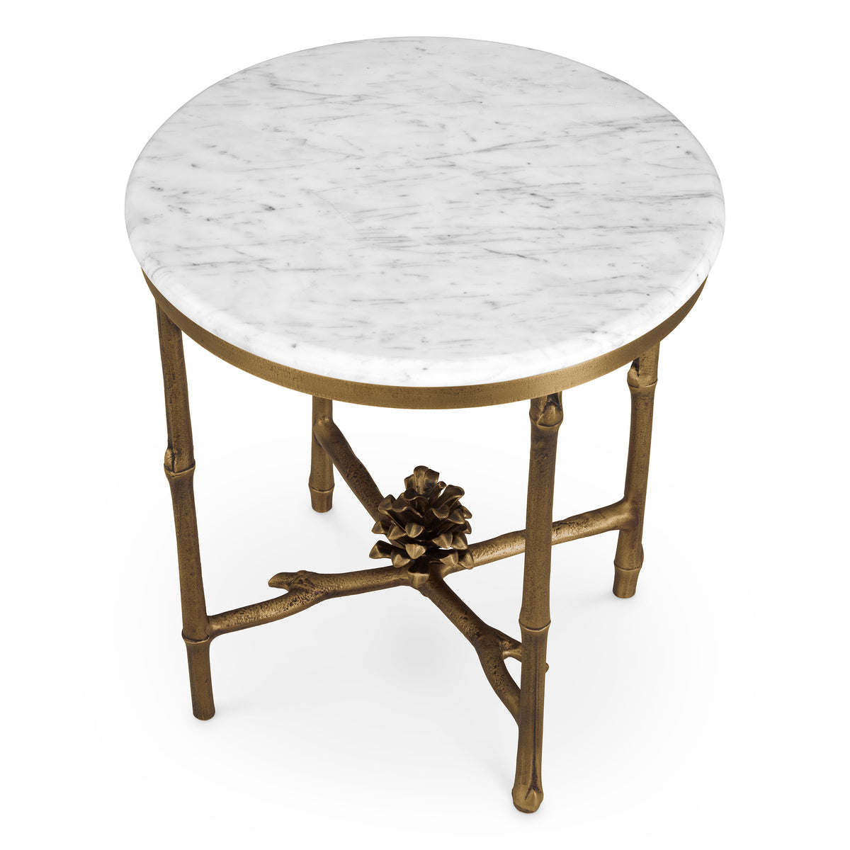 Eichholtz Side Table Pigna vintage brass finish Introducing the Pigna Side Table, an enchanting blend of nature and sophistication. A casted brass b