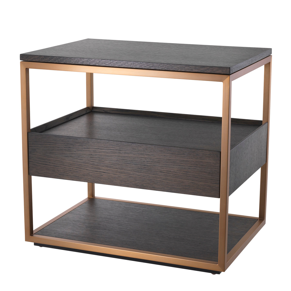 Eichholtz Side Table Parker mocha straight oak veneer With a metallic frame in a brushed brass finish and a top, body and lower shelf of mocha straight oa