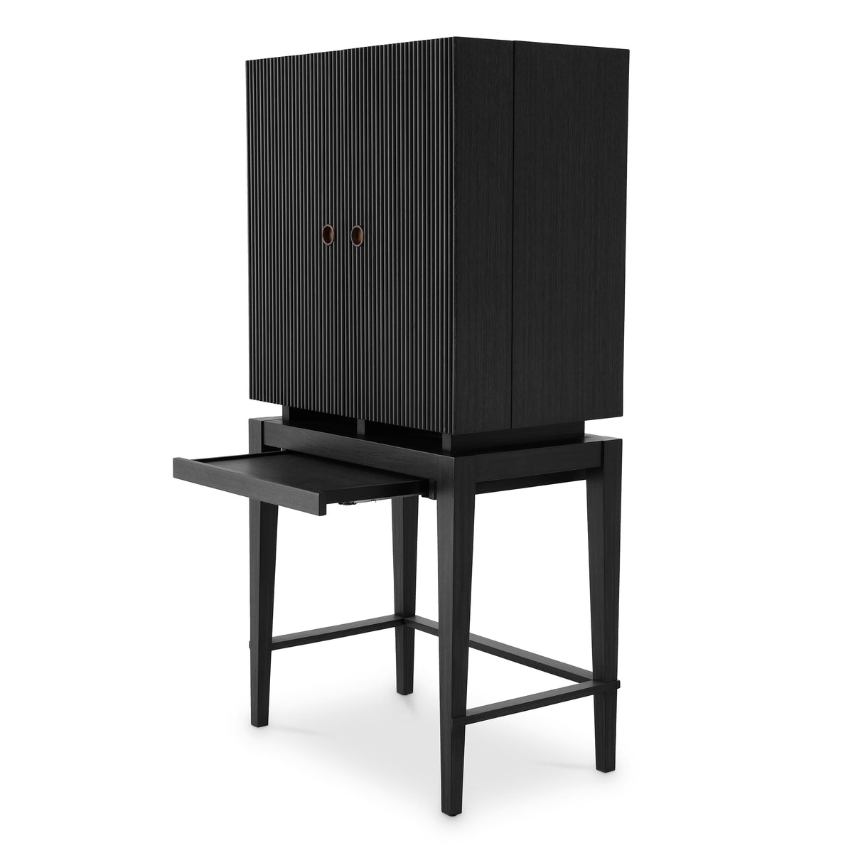 Eichholtz Bar Cabinet Dimitrios charcoal grey oak veneer Ribbed door panels lend geometry to the distinctive Dimitros Bar Cabinet, inspired by the aestheti