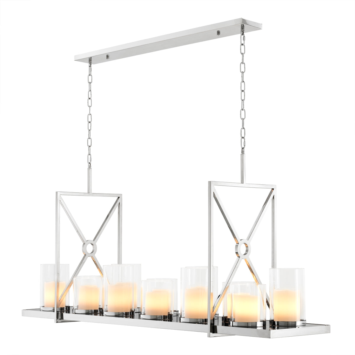 Eichholtz Chandelier Summit polished stainless steel The glossy polished stainless steel frame of the Summit Chandelier comprises two square panels with