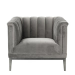 Eichholtz Chair Raffles roche porpoise grey velvet The Mid-Century Modern Raffles Chair rests upon a powder-coated steel base with gunmetal finish and