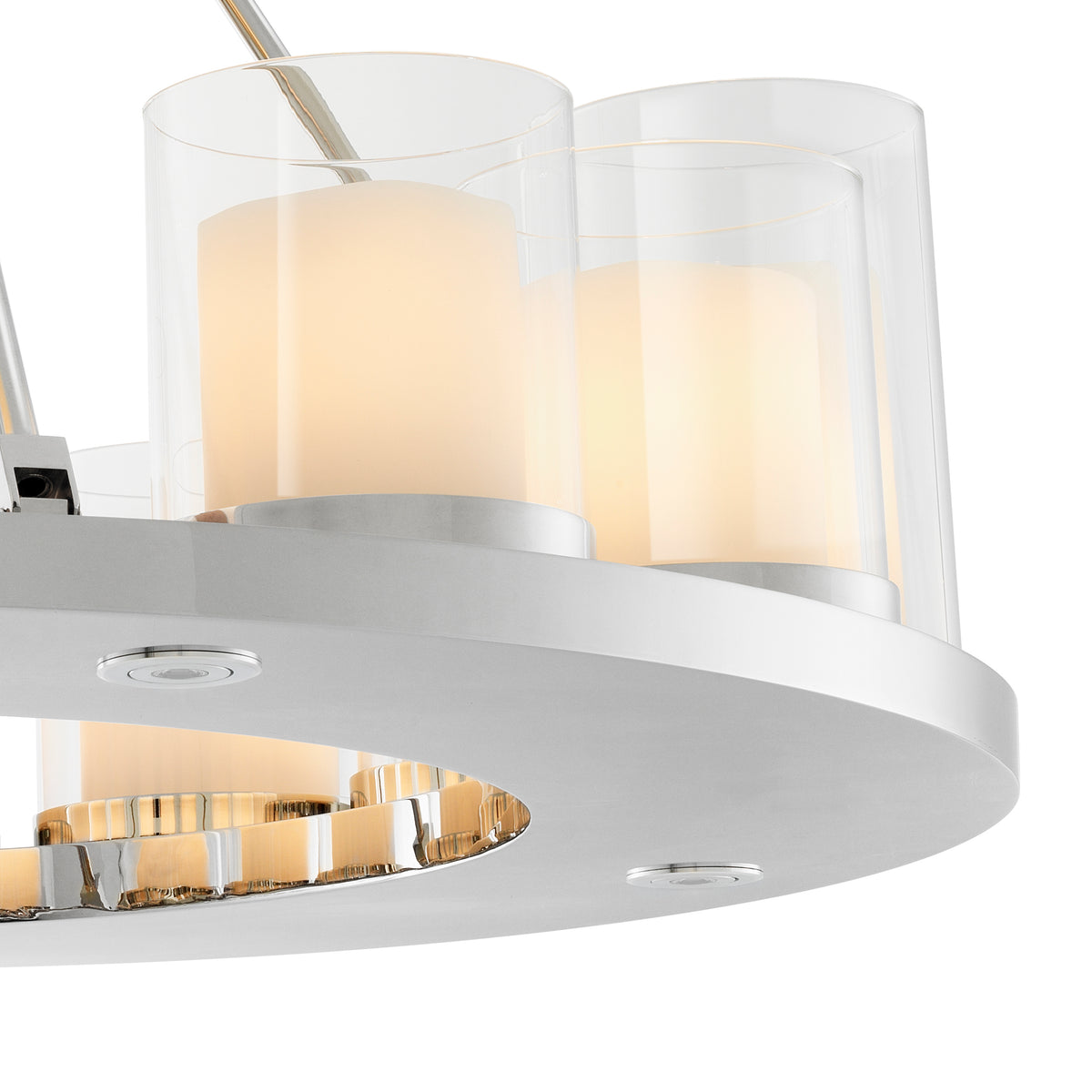 Eichholtz Chandelier Summit Round The glossy polished stainless steel plate of the Summit Chandelier is supported by a strong chain li