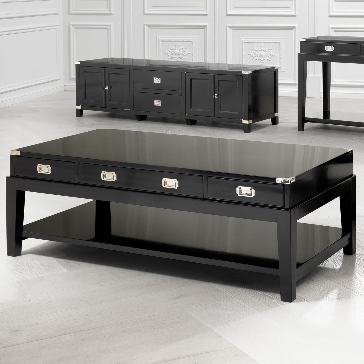 Eichholtz Coffee Table Military waxed black finish The Military Coffee Table is suitable for both classic and contemporary interiors. A simple yet stur