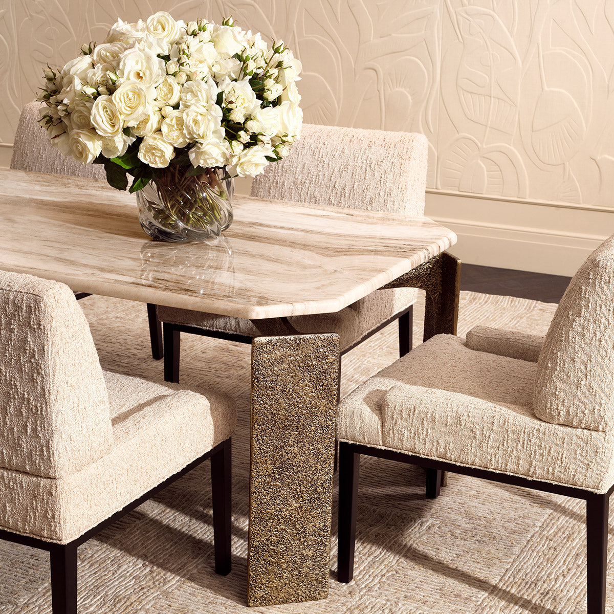 Lifestyle angle of Dining Table Bodega Rectangular with refined Antique Brass, Beige Marble Top tones (Image 8)