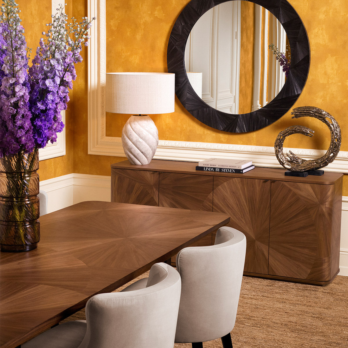 Lifestyle angle of Mirror Cassara with refined Straw Marquetry Charcoal tones (Image 8)