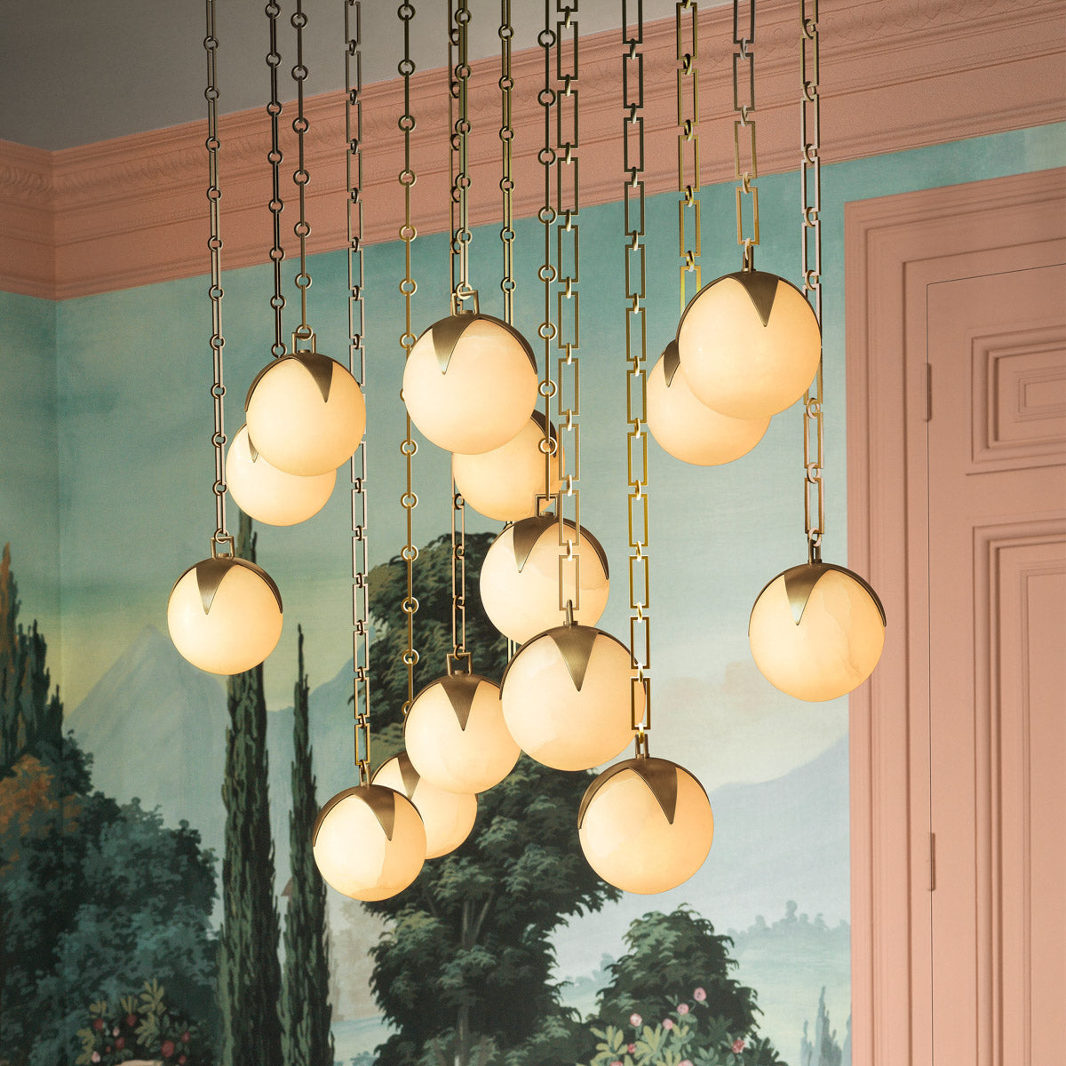 Lifestyle angle of Chandelier Alesa L with refined Antique Brass, Alabaster tones (Image 8)