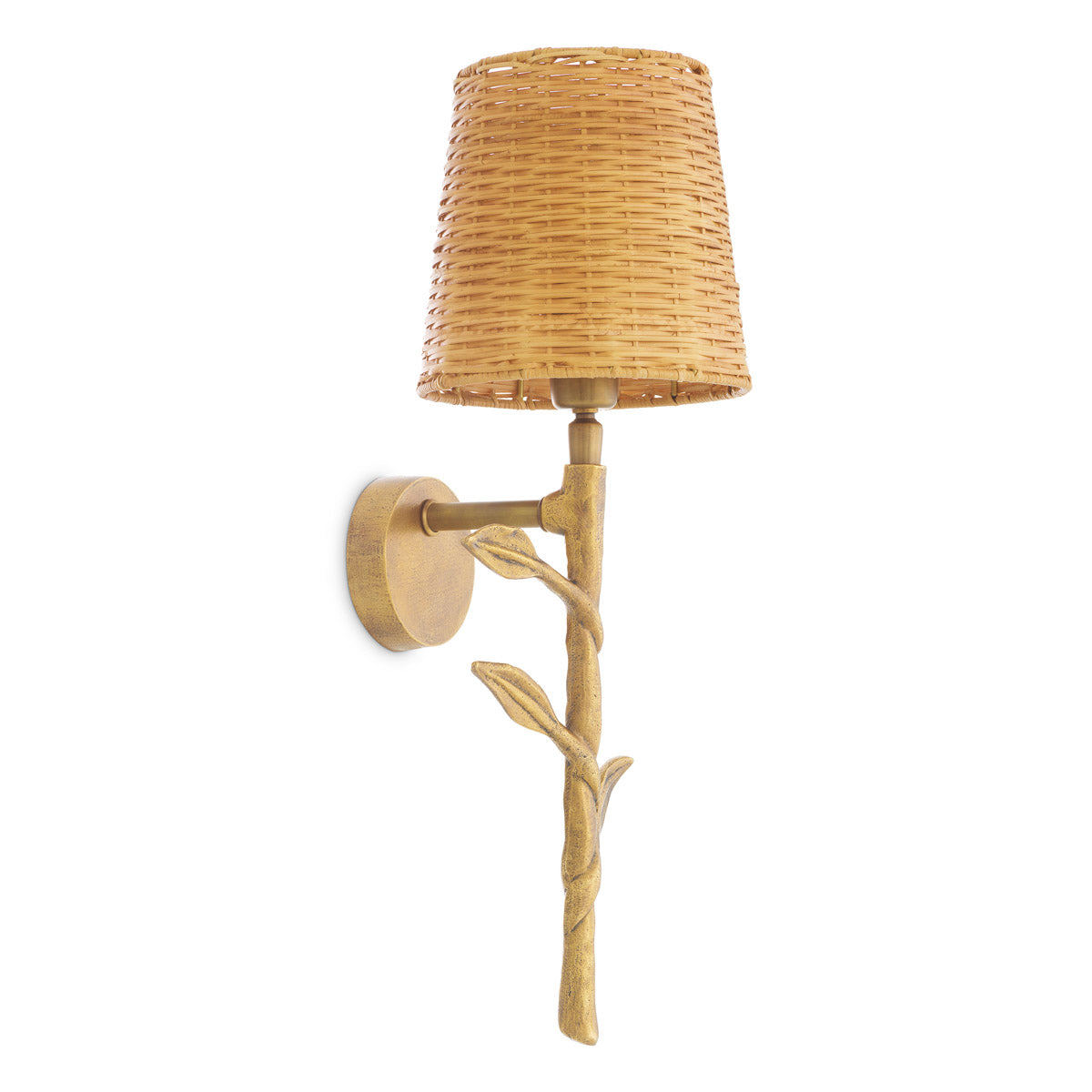 Close-up of Wall Lamp Farini highlighting Brass and Vintage Brass, Rattan Shade (Image 2)