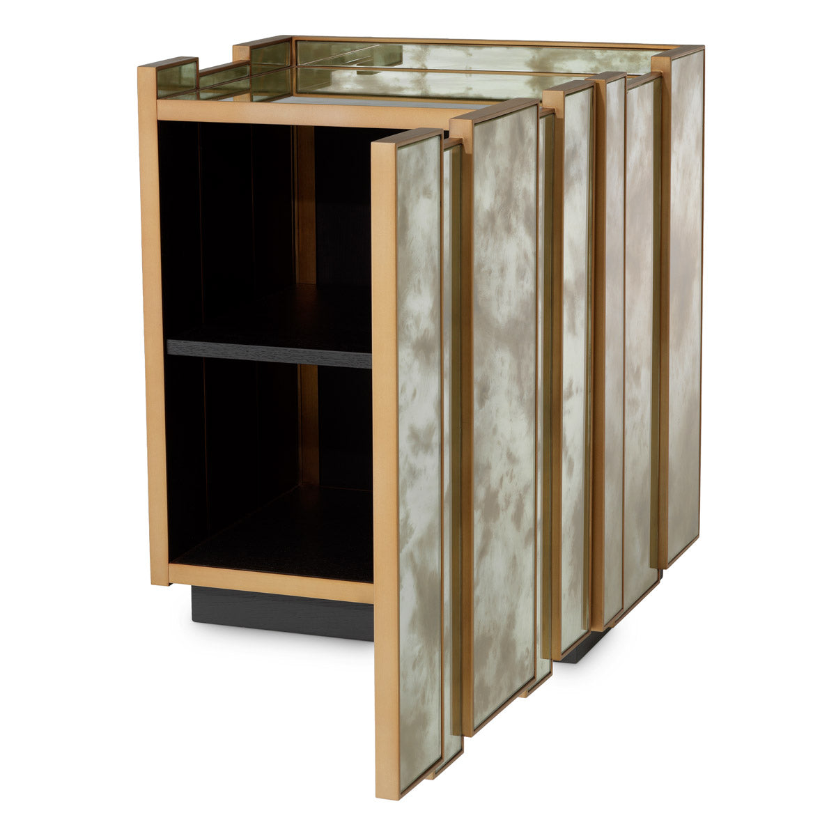 Close-up of Nightstand Nottingham Right highlighting Brass, Glass and Antique Mirror Glass, Brushed Brass (Image 2)