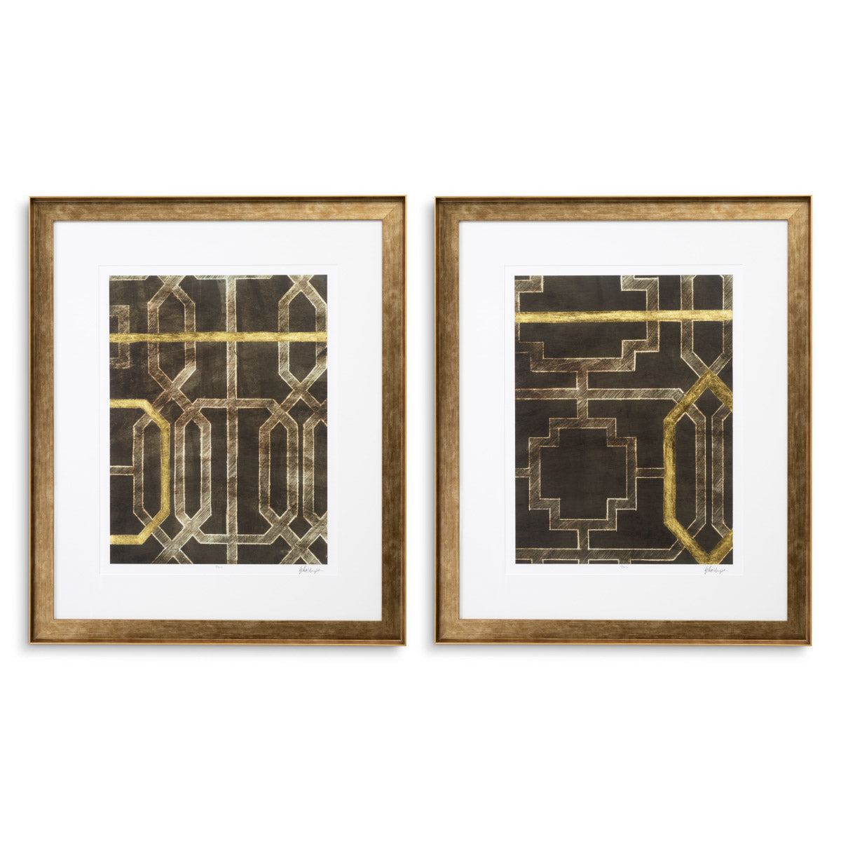 Print Trellis Pattern by Ethan Harper II set of 2 Antique golden wooden frame | clear glass Accessories 120744 2