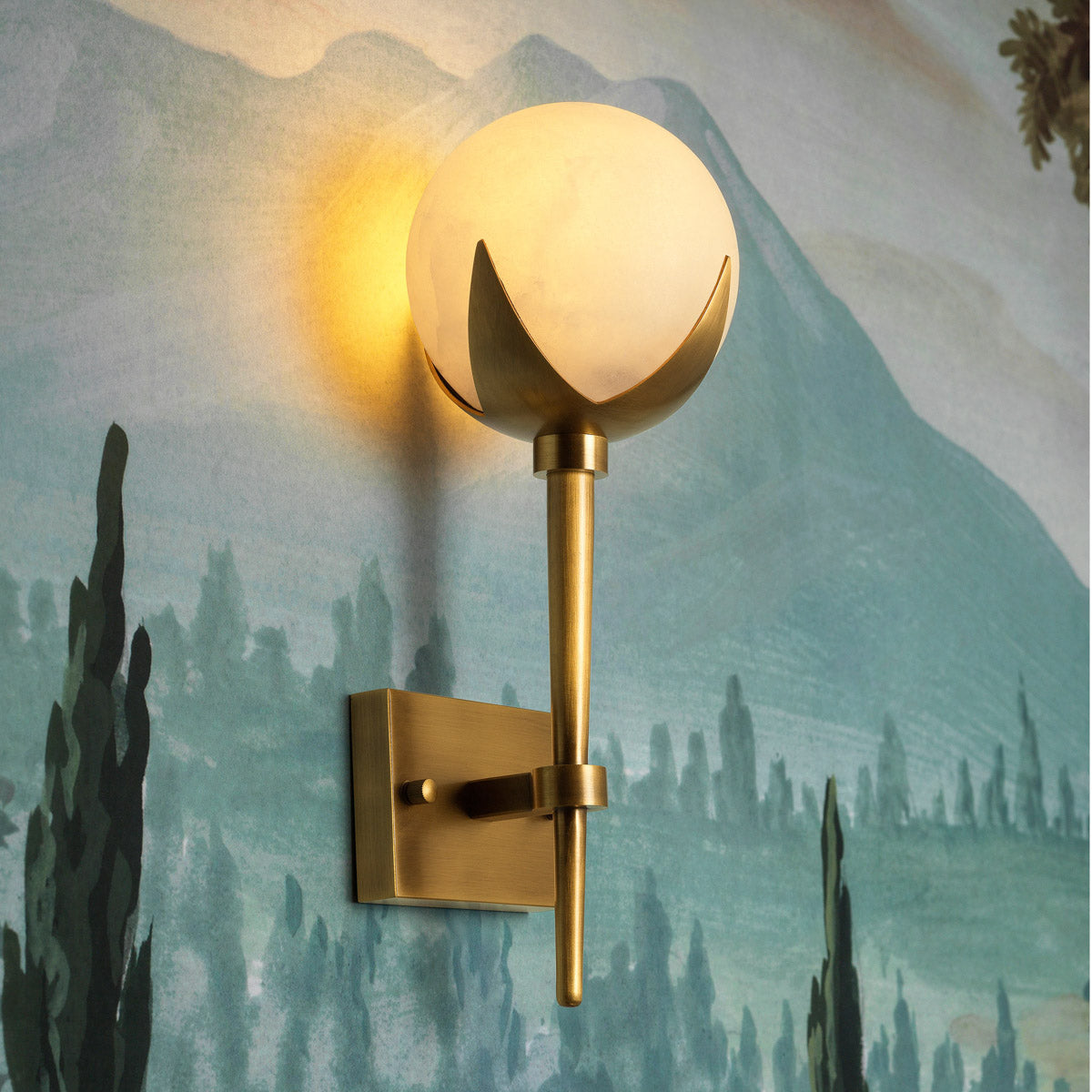 Lifestyle angle of Wall Lamp Alesa Single with refined Antique Brass, Alabaster tones (Image 8)