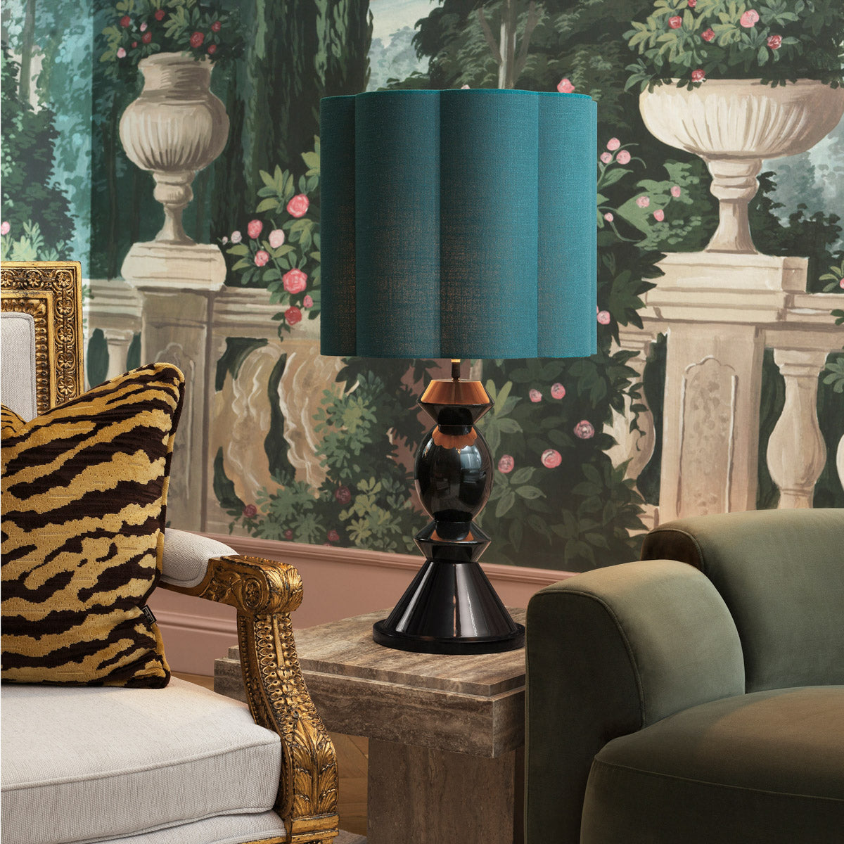 Close-up of Table Lamp Dionne highlighting premium materials and Piano Black, Turquoise Shade (Image 2)