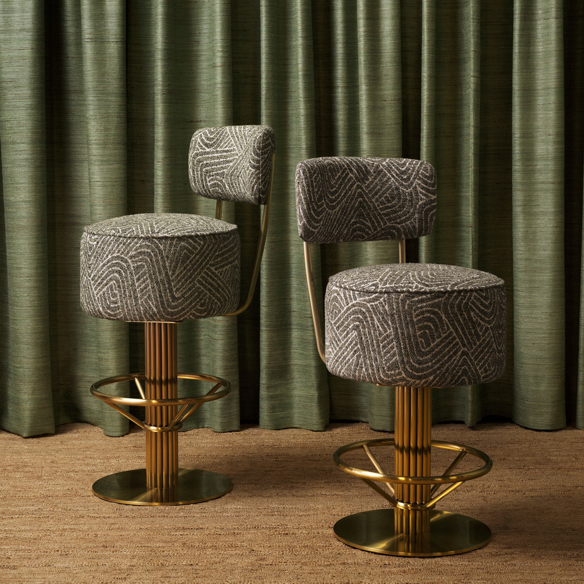 Bar Stool Carleton with back by Eichholtz in a styled setting — Brushed Brass, Camari Green, Swivel Base (Image 12)