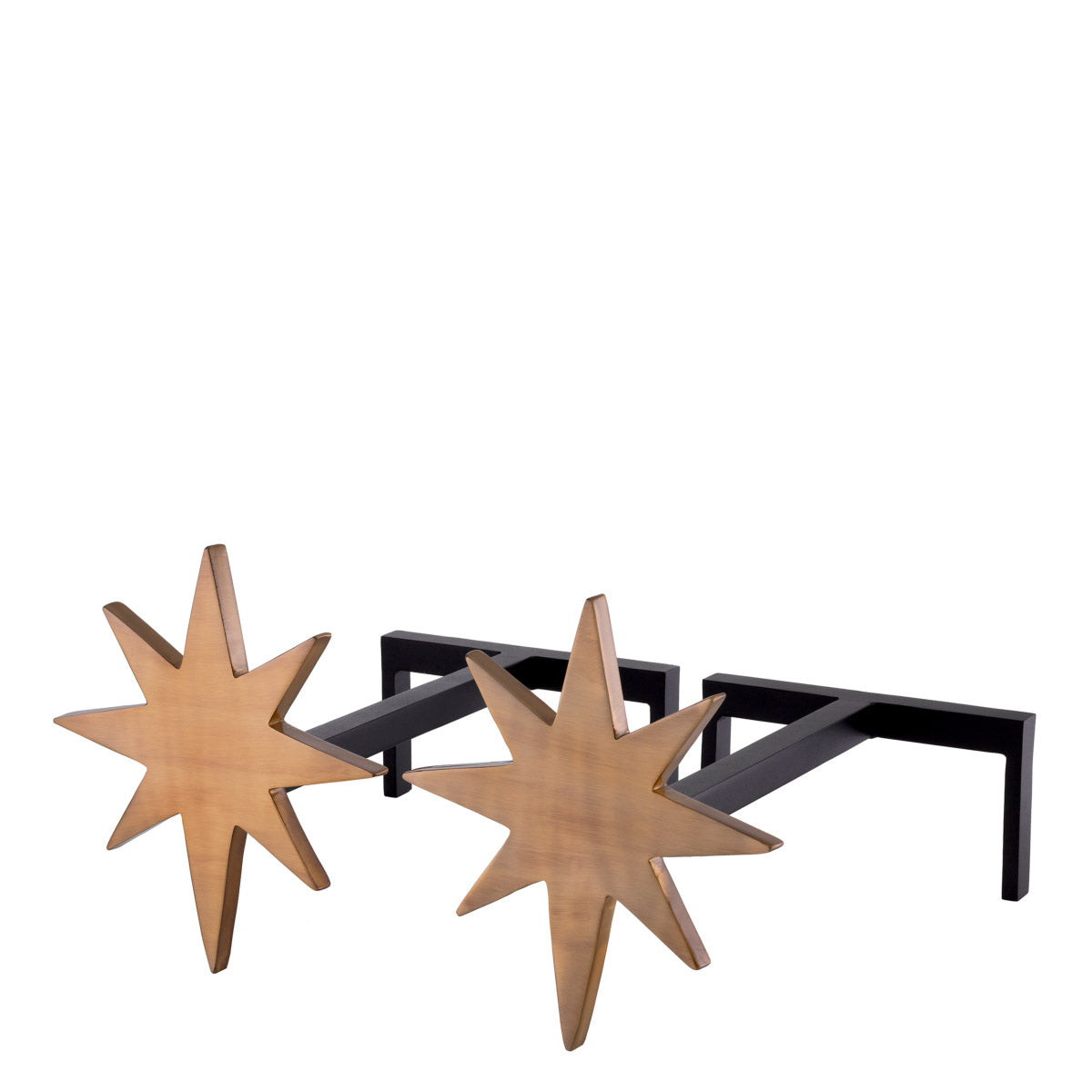 Eichholtz Andiron Star set of 2 iron and finished in black and vintage brass, this elegant 2-piece set of useful fireplace