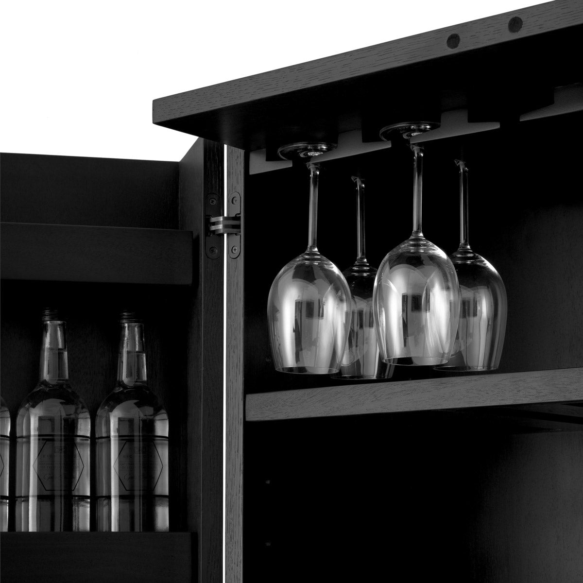 Eichholtz Bar Cabinet Dimitrios door panels lend geometry to the distinctive Dimitros Bar Cabinet, inspired by the aesthetic of
