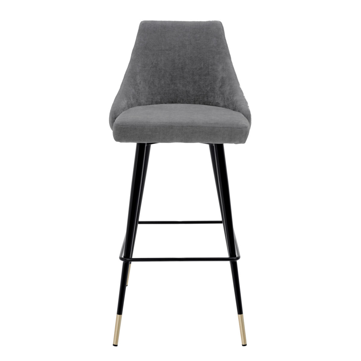Eichholtz Bar Stool Cedro grey upholstered seat with button back and black tapered legs with brass caps, this vintage