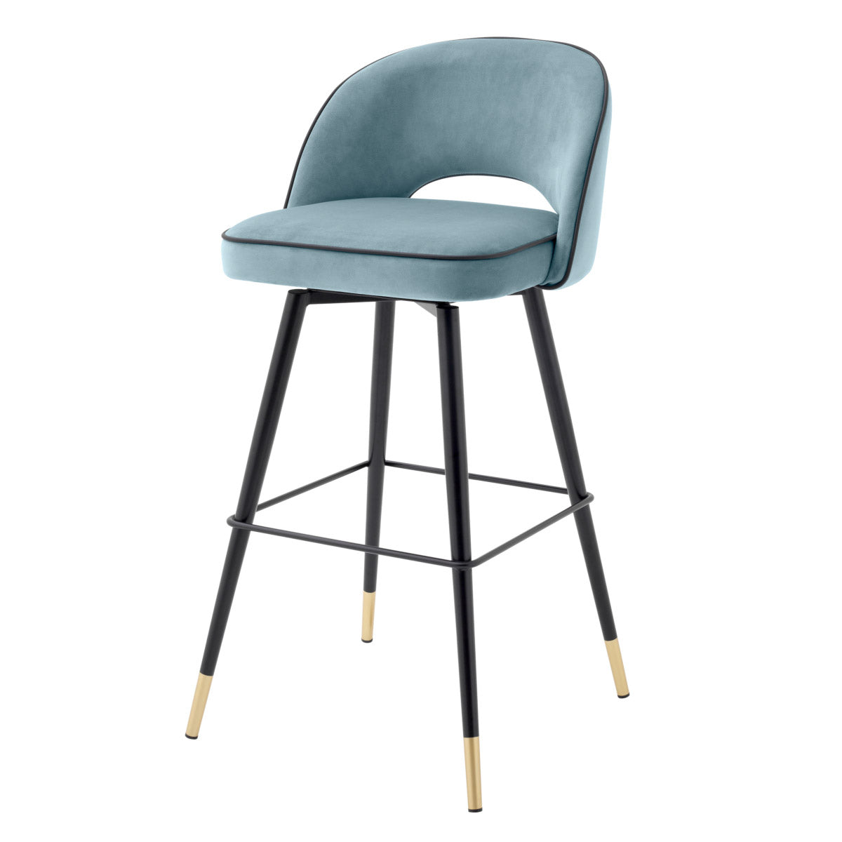 Eichholtz Bar Stool Cliff in a set of 2. Featuring black tapered legs with gold caps, the solid frame
