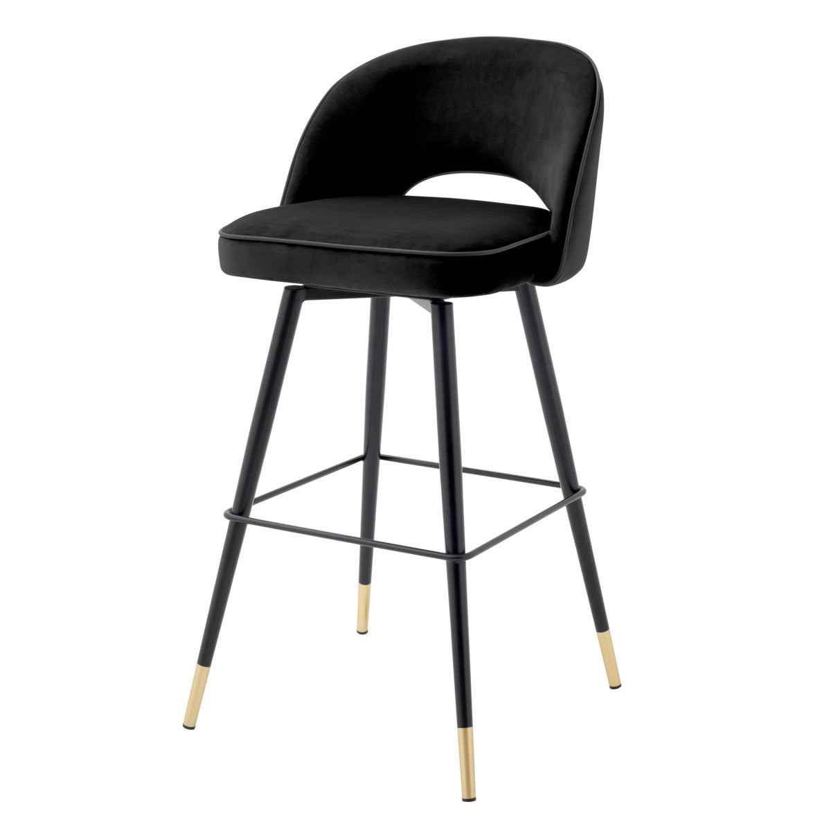 Eichholtz Bar Stool Cliff in a set of 2. Featuring black tapered legs with gold caps, the solid frame