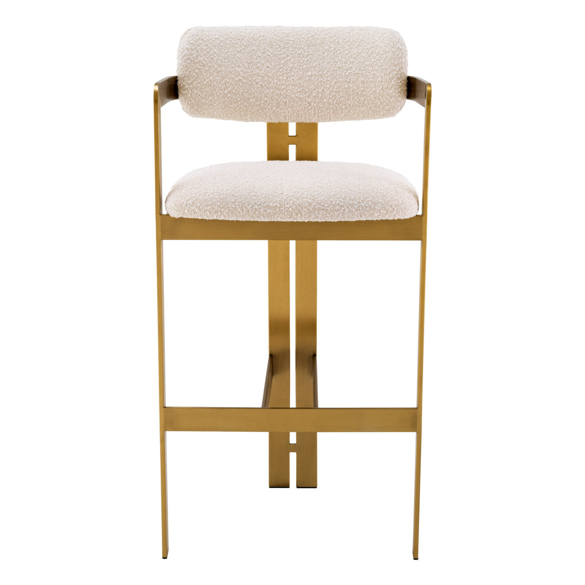 Eichholtz Bar Stool Donato a circular seat and curved backrest in a Bouclé cream upholstery, this bar stool pairs