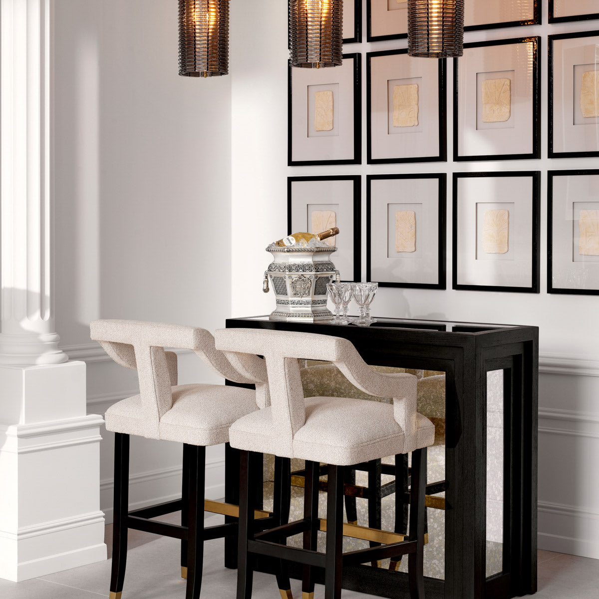 Eichholtz Bar Stool Roumier an 18th-century French armchair in The Met collection. Featuring Palmer beige upholstery and black legs