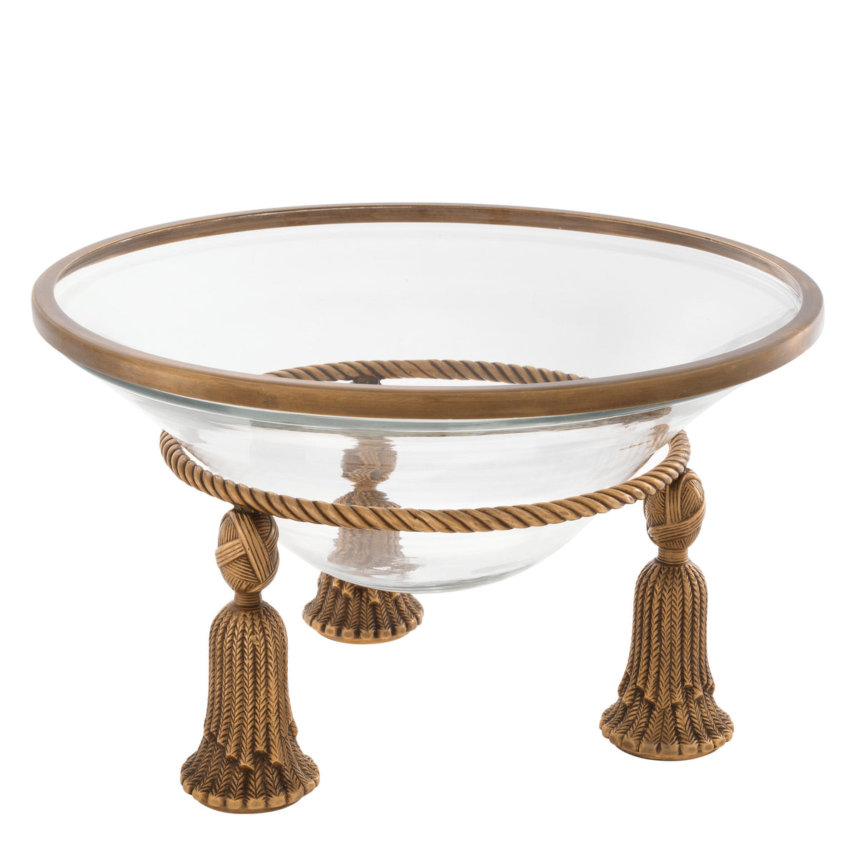 Eichholtz Bowl Tassel vintage brass rim has refined designer style. It rests on a vintage brass frame with