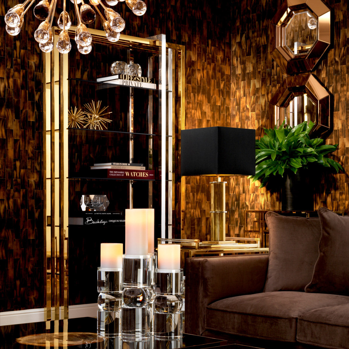 Eichholtz Cabinet Cipriani distinctive cabinet of polished stainless steel with gold finish and five smoke glass shelves adds