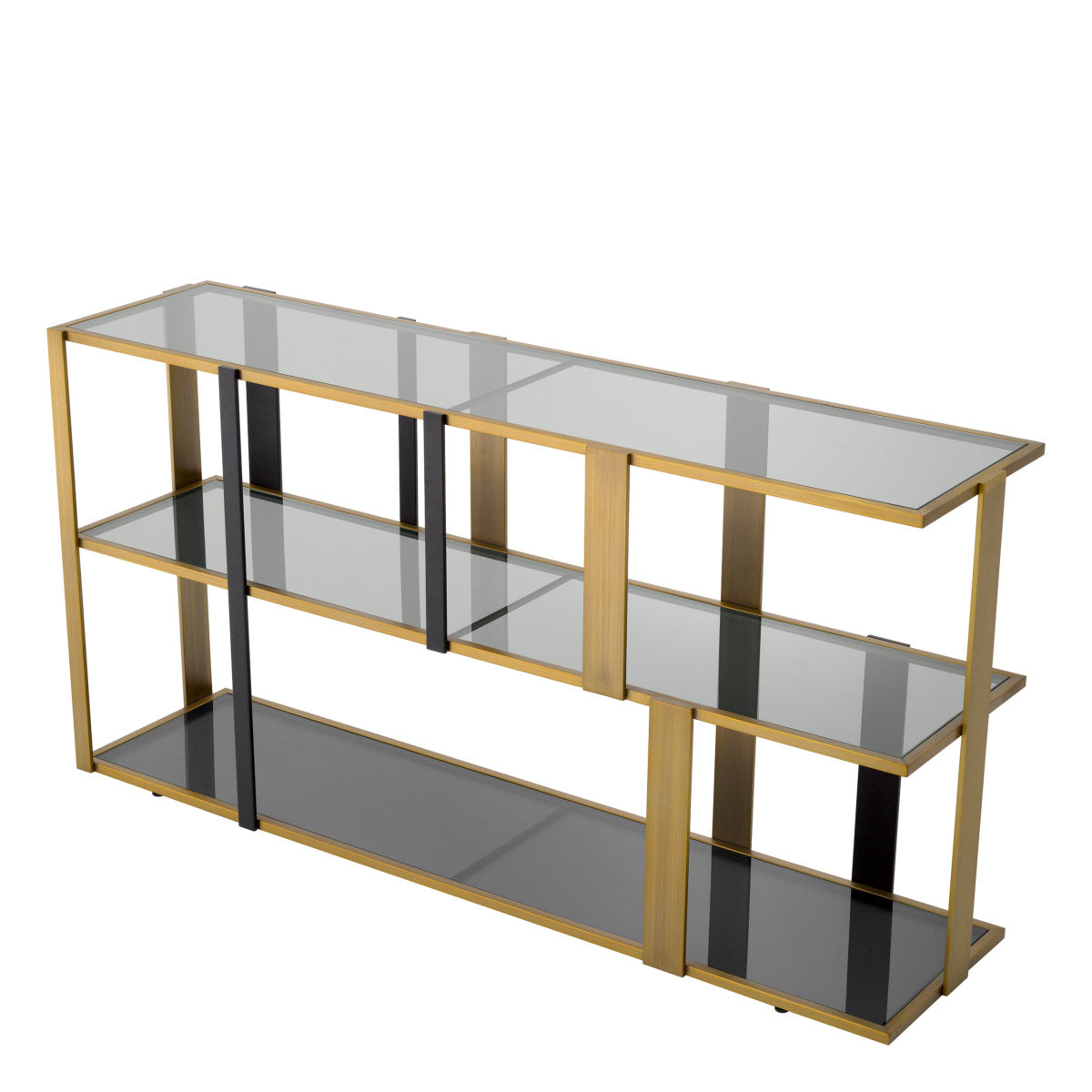 Eichholtz Cabinet Clio low both a brushed brass and black finish, this beautifully contrasts with the smoked glass shelves