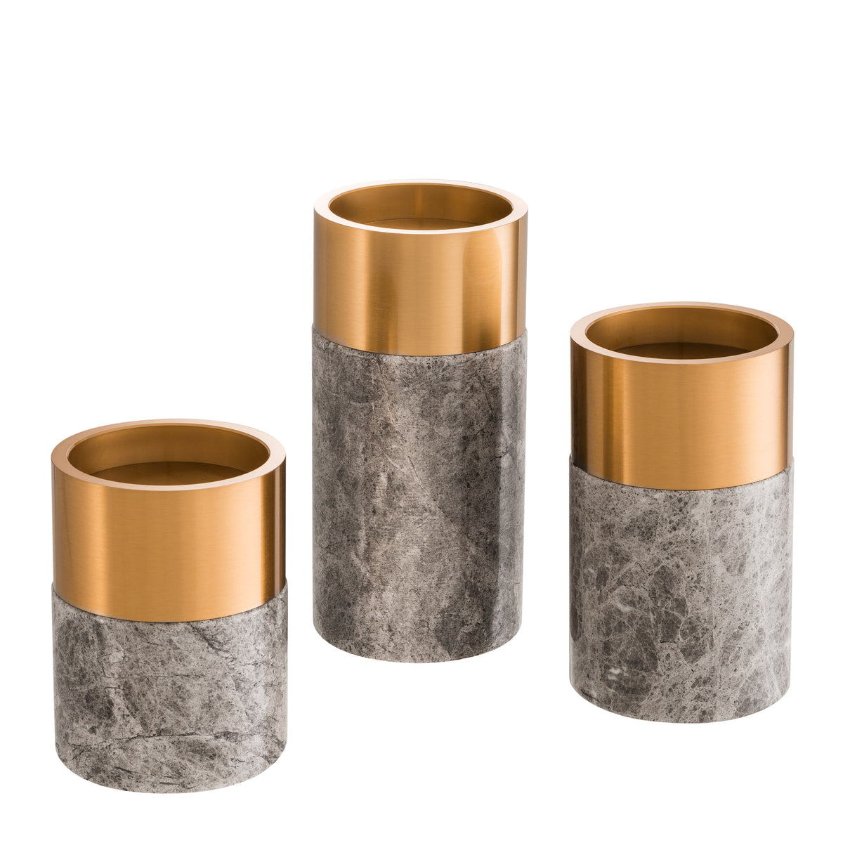 Eichholtz Candle Holder Sierra set of 3 Holders. Comprised of grey marble and brass, they work well with a variety of interior