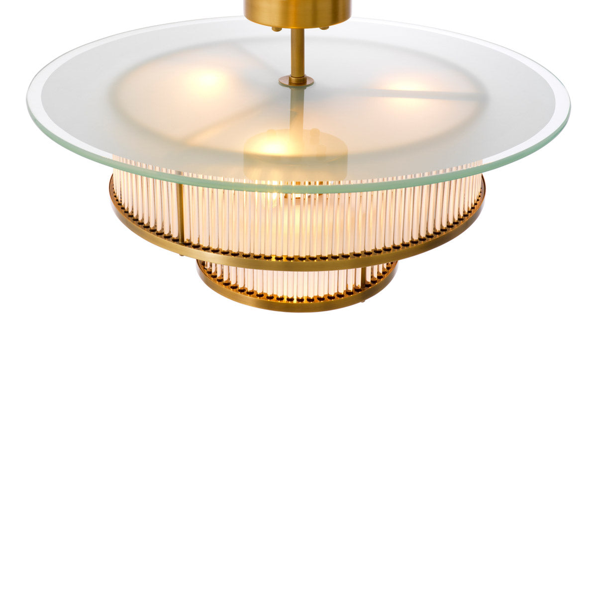 Eichholtz Ceiling Lamp Frederic elegance with its tiered design adorned with clear and white glass elements. Illuminating your space