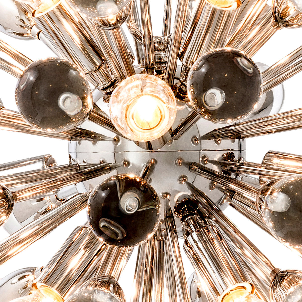Eichholtz Chandelier Anto S ceiling lamp is adorned with massive spheres of clear glass. The armatures with shiny nickel
