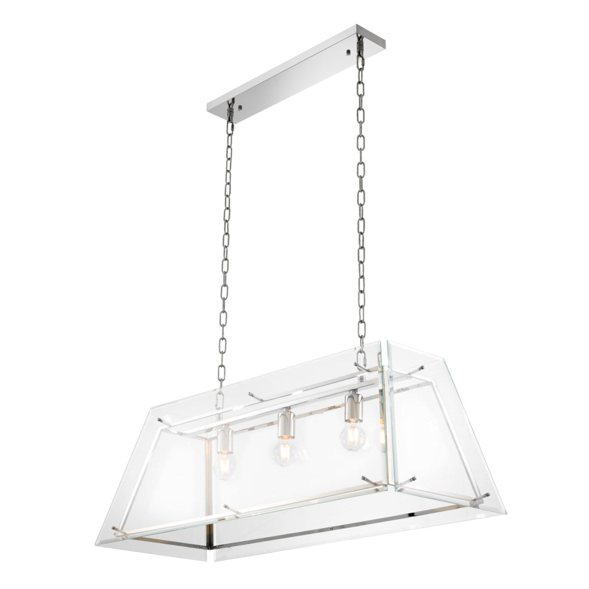 Eichholtz Chandelier Azure L bare essence of illumination, this tapered cage with nickel finish and bevelled clear glass panels