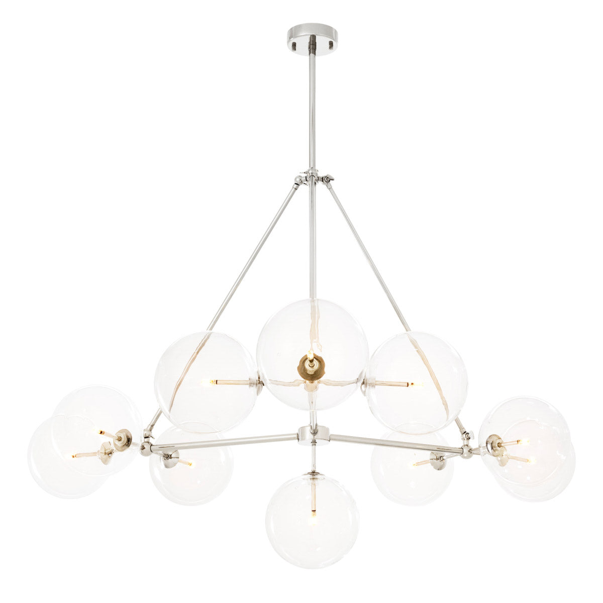 Eichholtz Chandelier Bermude with nickel finish contains 10 clear glass globes that each host their own light bulb.