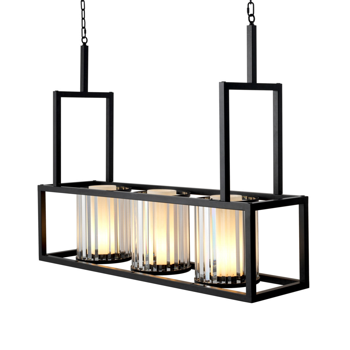 Eichholtz Chandelier Carducci style lampshades. The ribbed crystal glass diffuses the illumination to create an ambient lit atmosphere