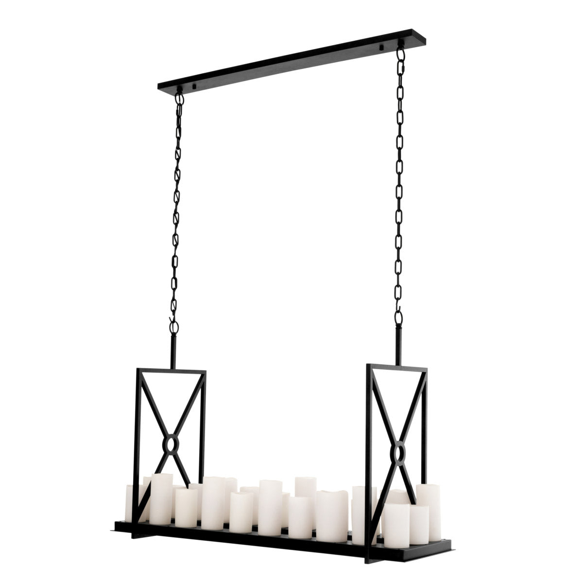 Eichholtz Chandelier Commodore integrated x-shaped design and a rectangular tray with 22 faux pillar candles and 4 recessed