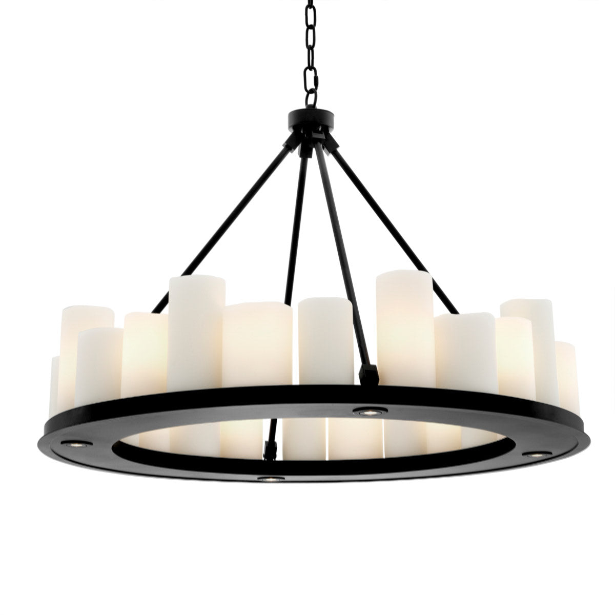 Eichholtz Chandelier Commodore Round link ceiling canopy. It features a plate with 24 tapered faux pillar candles which suggest