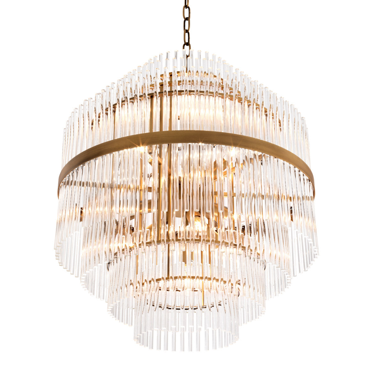Eichholtz Chandelier East tapered levels of clear glass rods emanate a captivating illumination. Chandelier East Crafted by Eichholtz