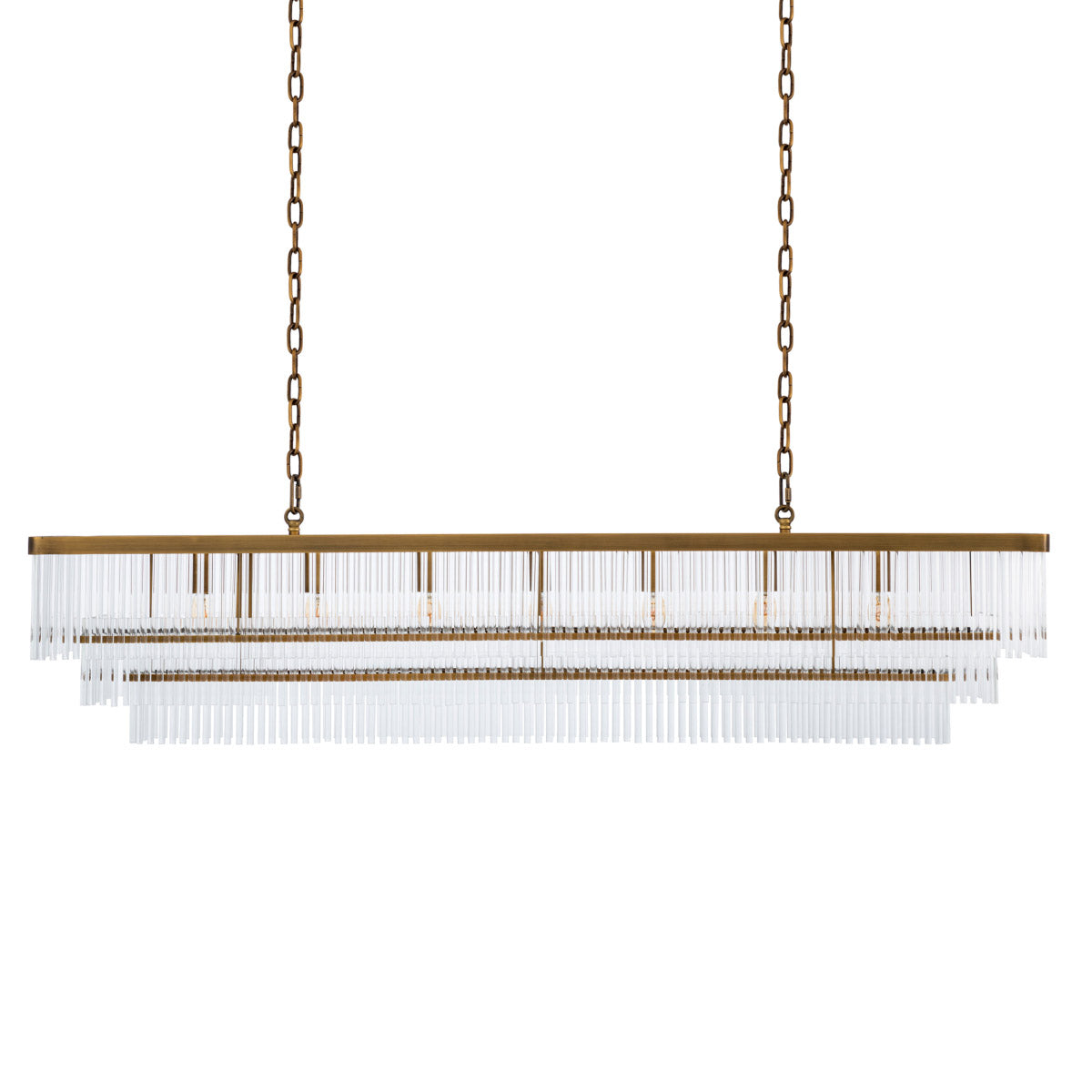 Eichholtz Chandelier East rectangular with antique brass finish exudes the vibrant atmosphere of the roaring 1920s. Several levels of