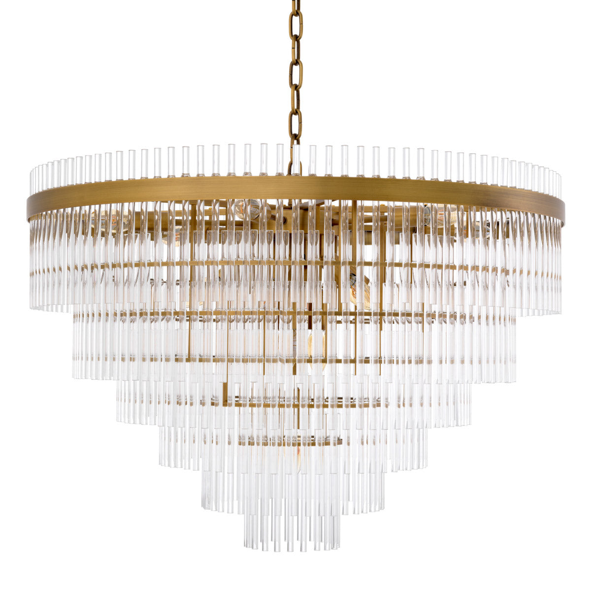 Eichholtz Chandelier East Single chandelier with antique brass finish exudes the vibrant atmosphere of the roaring 1920s. Several tapered