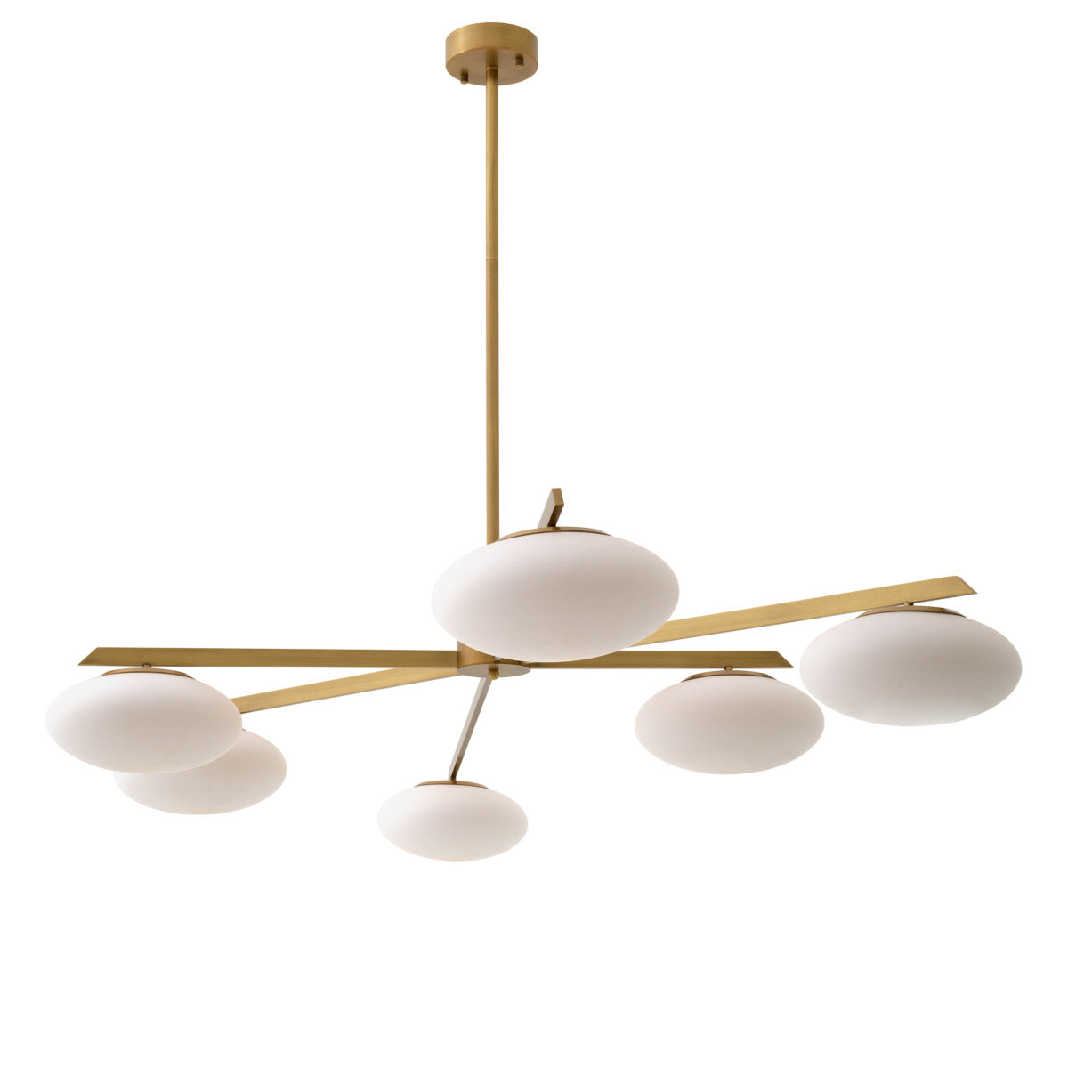 Eichholtz Chandelier Evergreen L an antique brass finish, this statement lighting piece contains six elliptical lampshades of white glass.