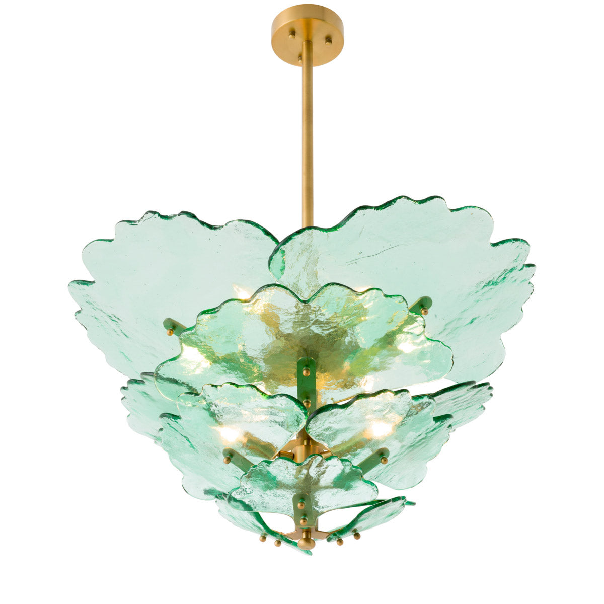 Eichholtz Chandelier Florina finish beautifully frames the handcrafted green glass, offering an organic aesthetic that elevates any space.