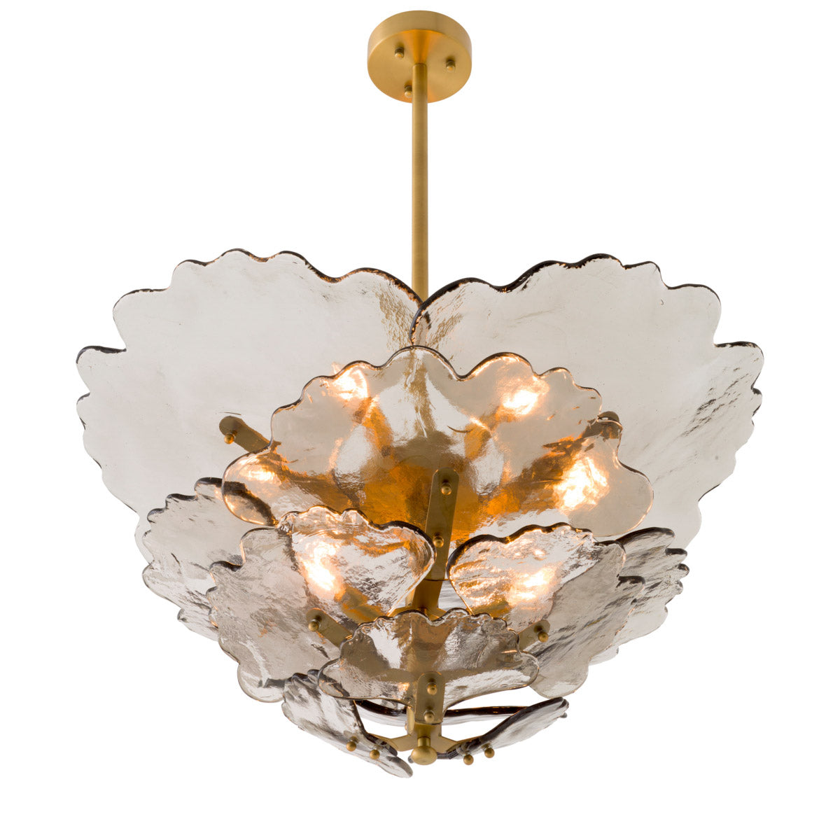 Eichholtz Chandelier Florina luxury lighting. Each tier features handmade smoke glass reminiscent of petals, with an antique brass