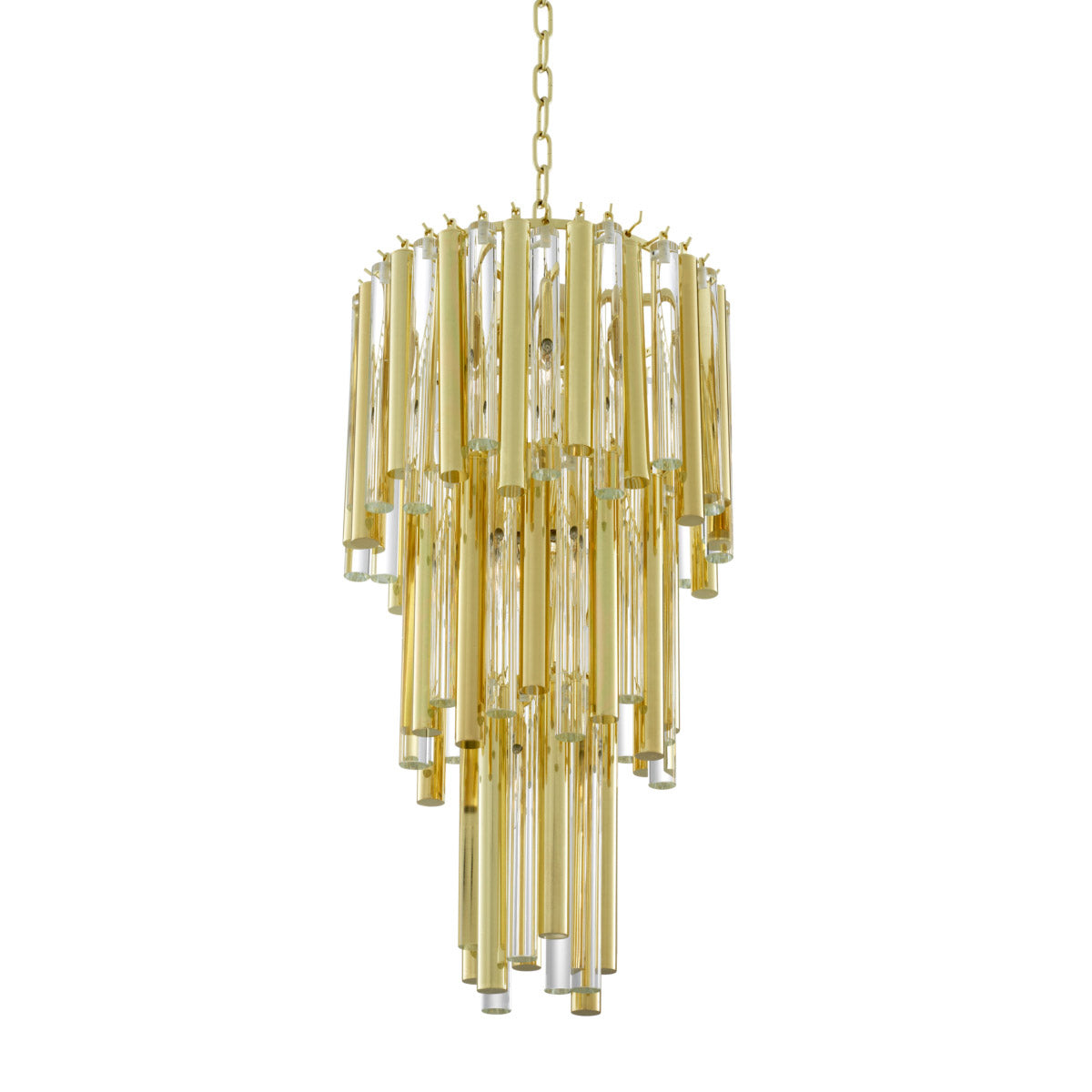 Eichholtz Chandelier Gigi S chandelier features a tapered body with 3 hoops. Rods of clear glass and gold coloured