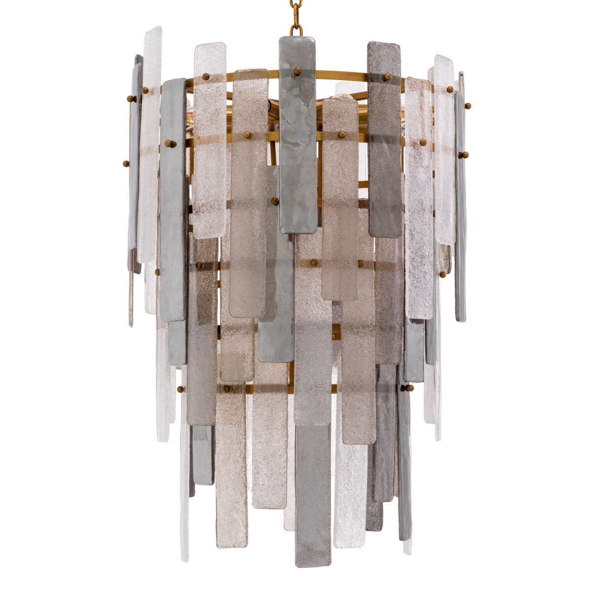 Eichholtz Chandelier Greyson with a gorgeous antique brass finish. Trimmed with strips of handmade glass in different colours