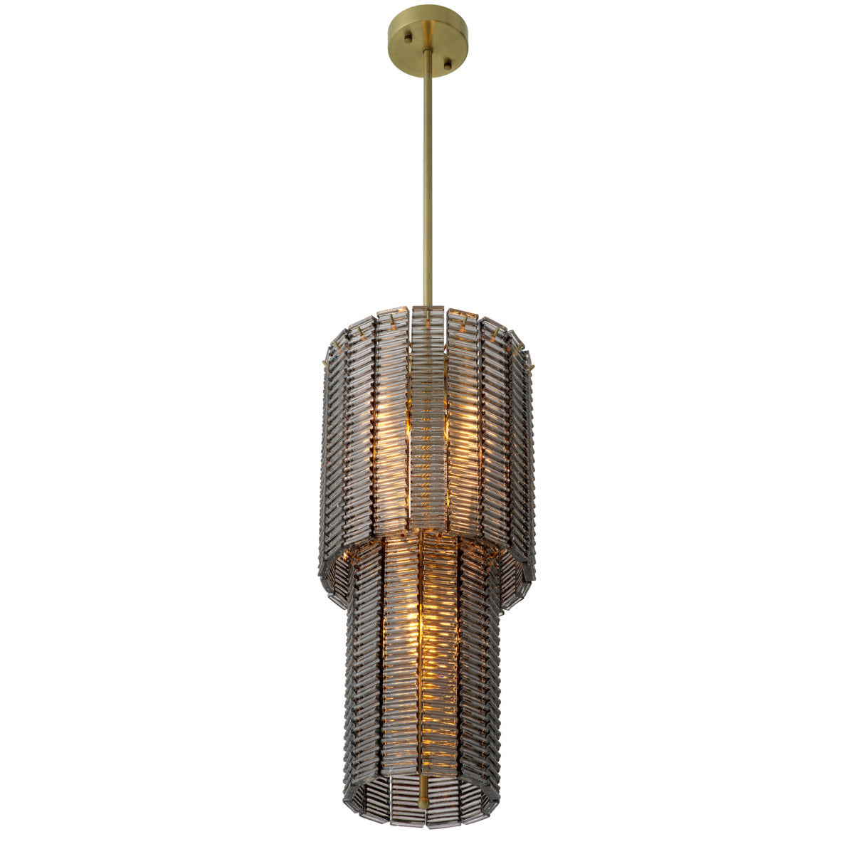 Eichholtz Chandelier Imperial S piece, with its brushed-brass finish and smoke glass, endeavors to capture the essence of ancient