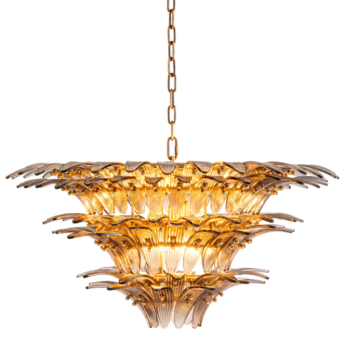 Eichholtz Chandelier Italo of a tropical treetop. Provided with a light brushed brass finish and suspended from a